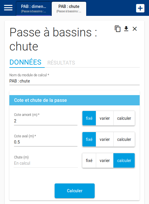 Paramètres du module de calcul de la chute d'une passe à bassin