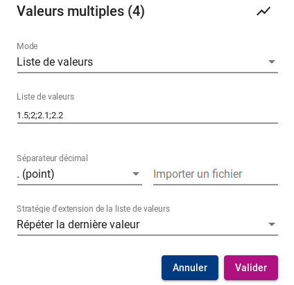 Définition d'une liste de valeurs pour un paramètre à varier