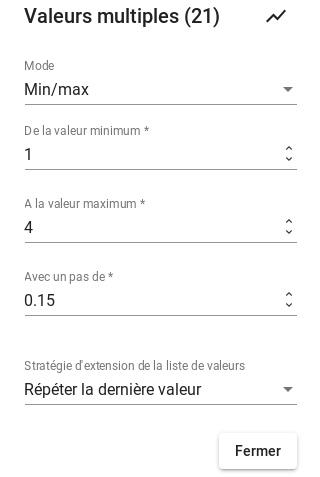 Définition des valeurs min, max et du pas pour un paramètre à varier