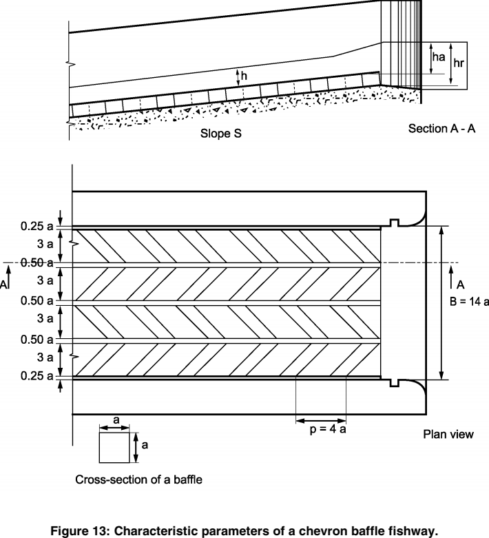 Characteristics of a mixed / chevron baffles fishway