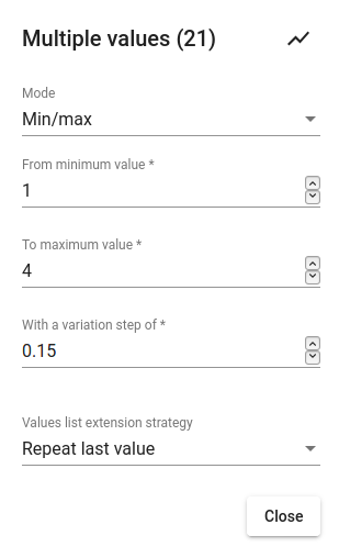 Define min, max and step values for a parameter to be varied