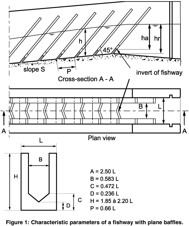 Characteristics of a plane baffles (Denil) fishway