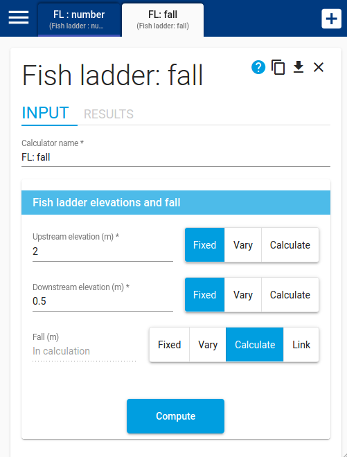 Parameters of the module for calculating the fall of a basin pass