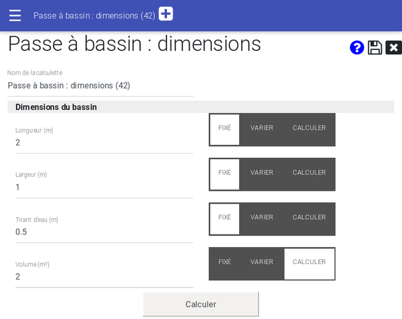 Série de grandeurs du module de calcul du volume des bassins d'une passe à bassin