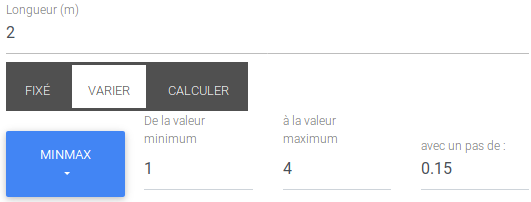 Définition des valeurs mni, max et du pas pour une grandeur à varier